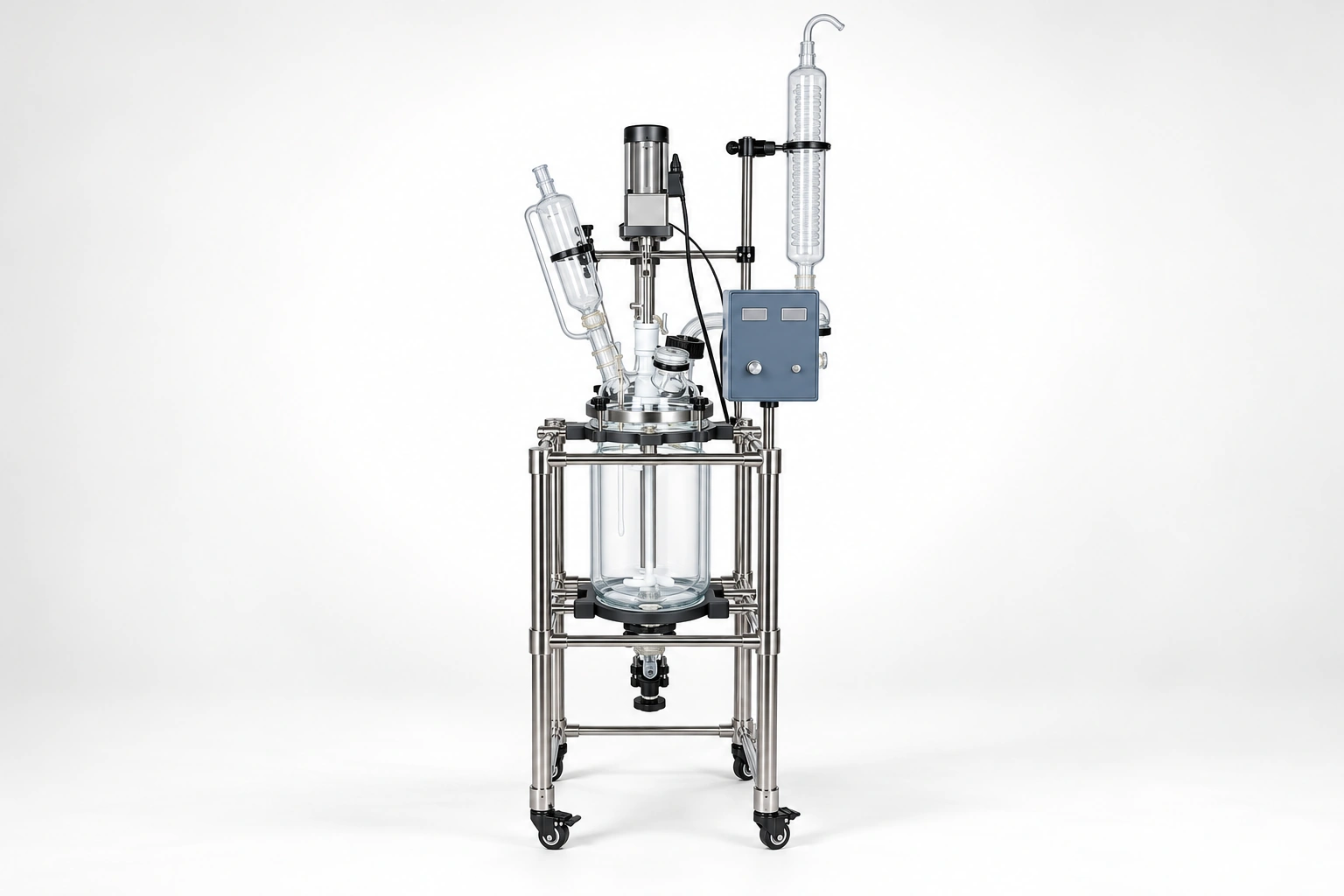Reactor de vidrio con estructura de acero inoxidable