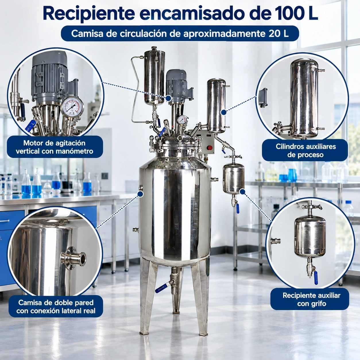 Reactor SS-100L con camisa de circulación de aproximadamente 20 litros 04 ss 100l detalle recipiente camisa