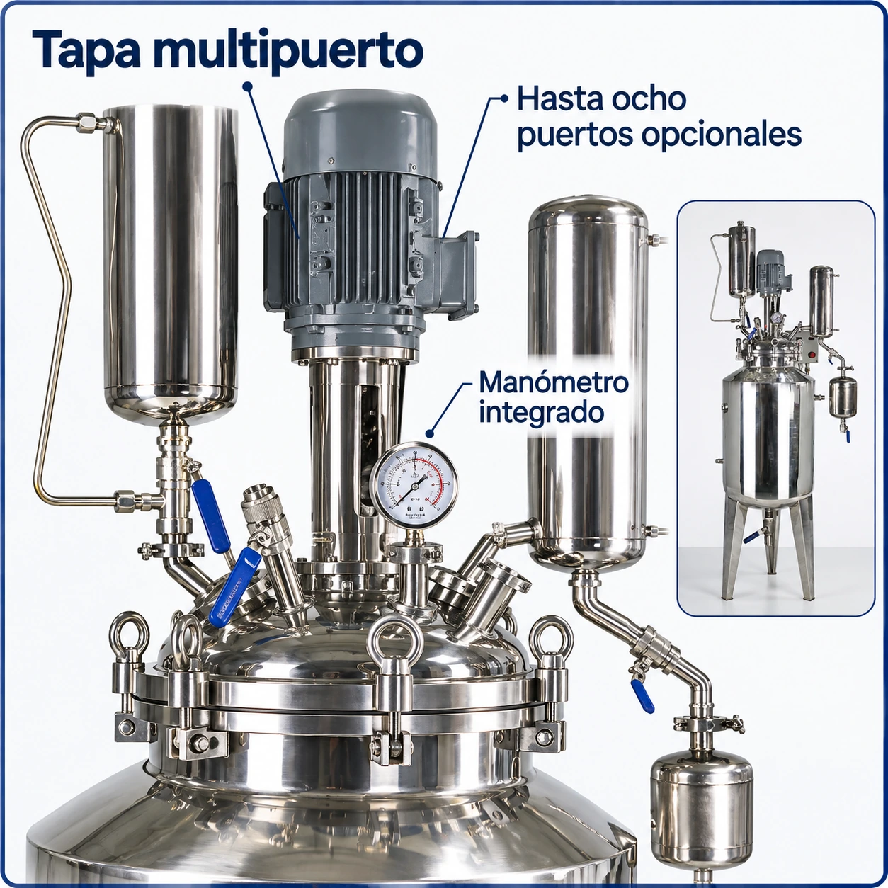 Tapa multipuerto y manómetro del reactor piloto SS-100L 06 ss 100l detalle tapa multipuerto