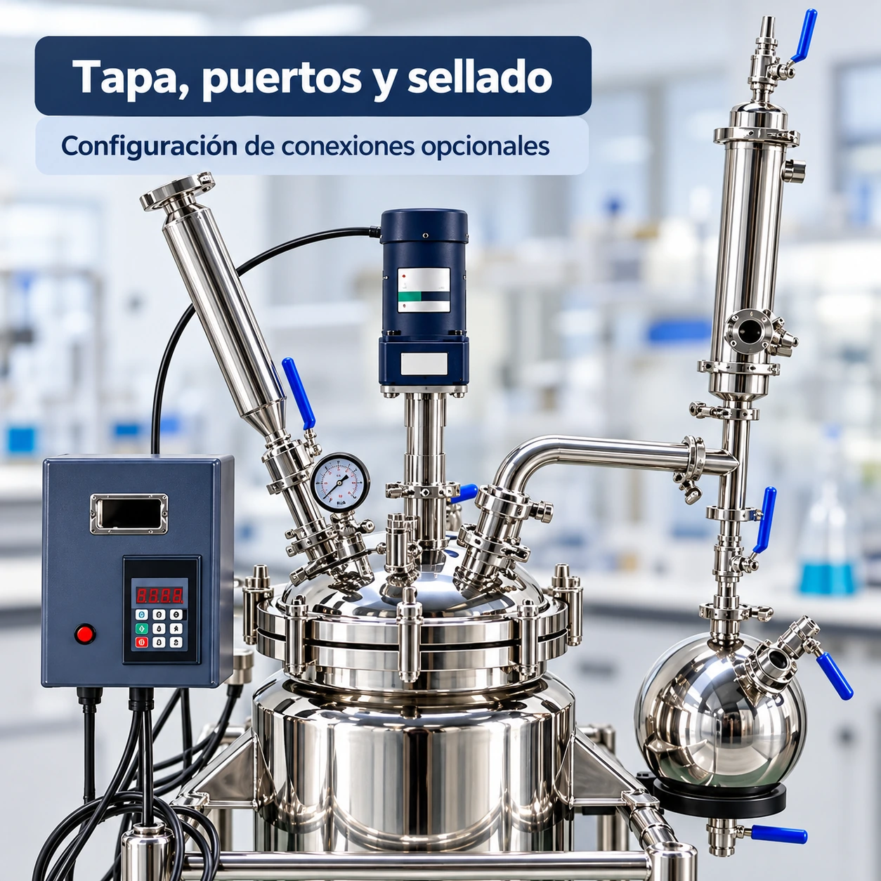 Tapa multipuerto y sellado mecánico del reactor SS-10L 06 ss 10l detalle tapa puertos sellado