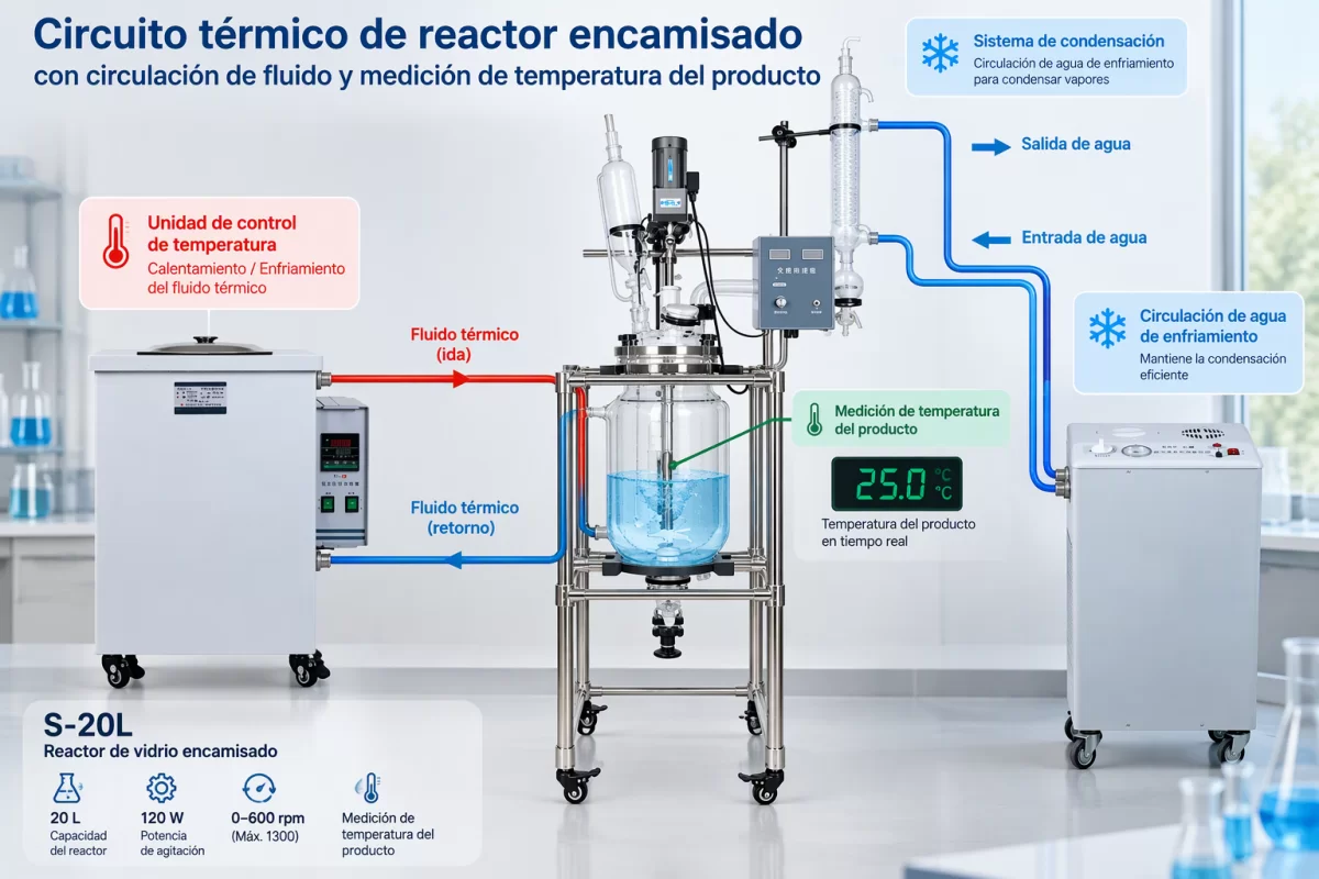 Puntos de revisión del circuito de circulación térmica Circuito térmico de reactor encamisado con circulación de fluido y medición de temperatura del producto