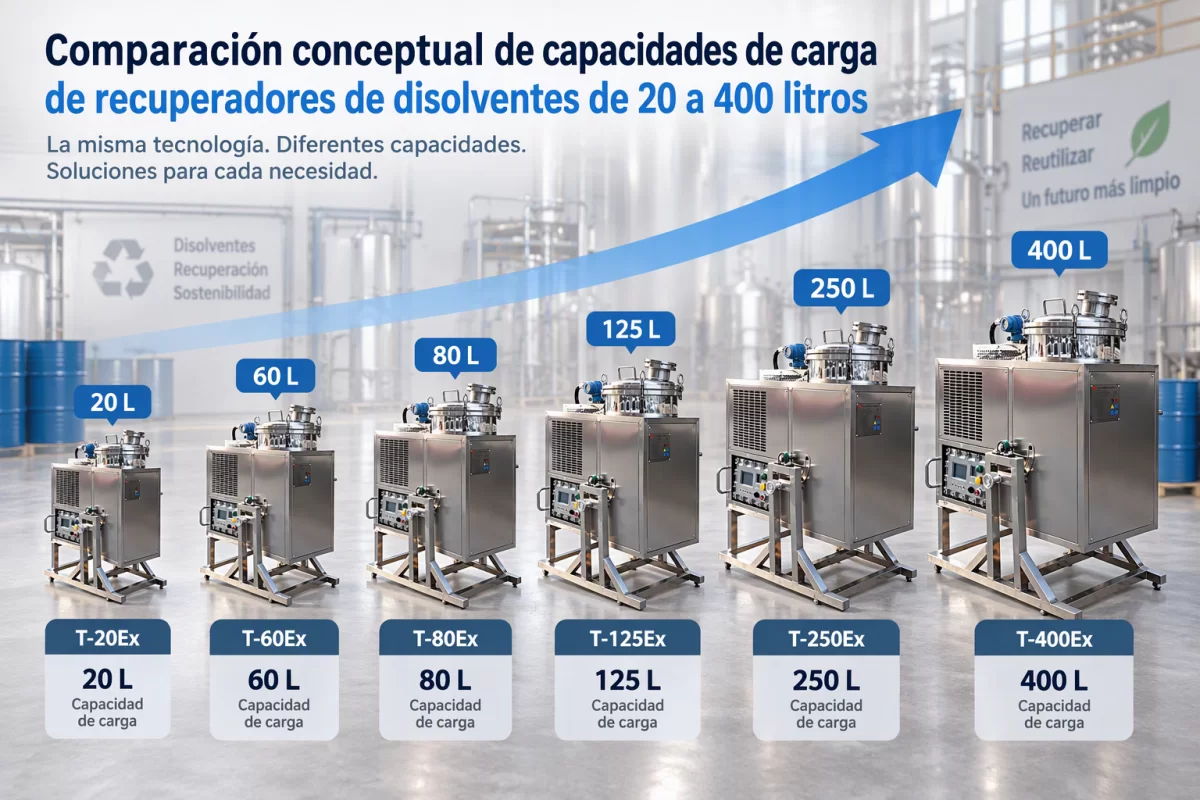 Capacidades disponibles en la gama T-Ex Comparación conceptual de capacidades de carga de recuperadores de disolventes de 20 a 400 litros