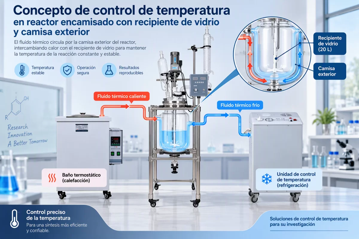 Reactor encamisado: recipiente y espacio de intercambio térmico Concepto de control de temperatura en reactor encamisado con recipiente de vidrio y camisa exterior