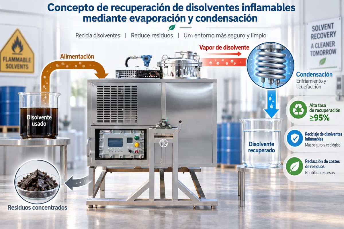 Principio de destilación para recuperar disolventes usados Concepto de recuperación de disolventes inflamables mediante evaporación y condensación