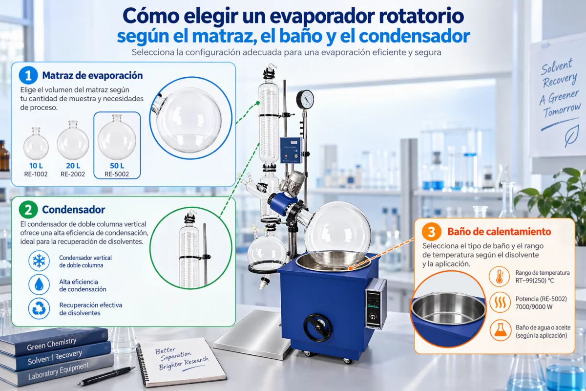 Componentes que deben revisarse al seleccionar un rotavapor Cómo elegir un evaporador rotatorio según el matraz, el baño y el condensador