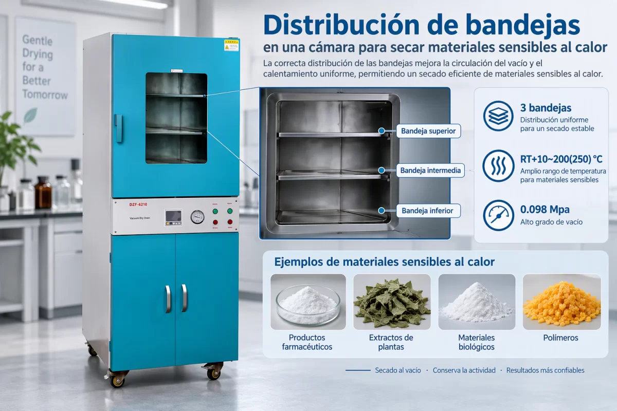Selección de cámara y superficie de carga Distribución de bandejas en una cámara para secar materiales sensibles al calor
