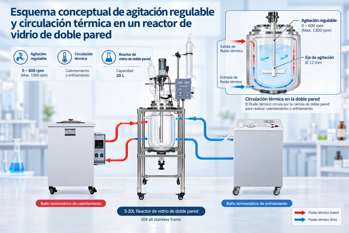 Esquema conceptual de agitación regulable y circulación térmica en un reactor de vidrio de doble pared