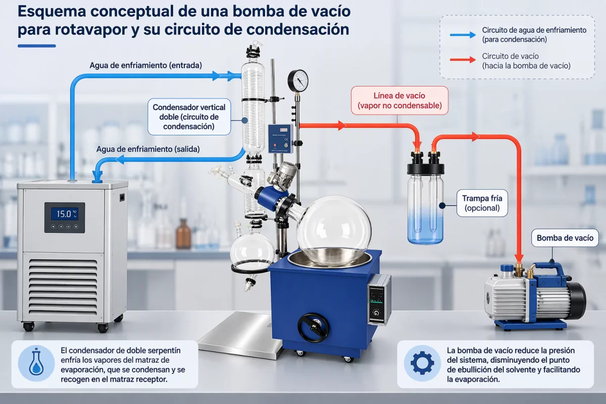 Relación entre vacío, evaporación y condensación Esquema conceptual de una bomba de vacío para rotavapor y su circuito de condensación