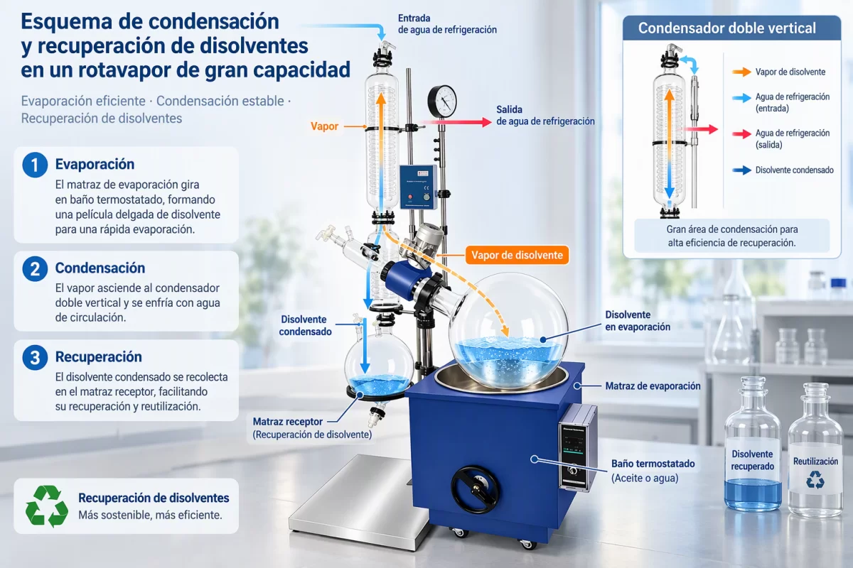 Protección del circuito de vacío mediante condensación adecuada Esquema de condensación y recuperación de disolventes en un rotavapor de gran capacidad