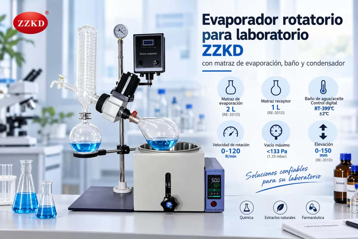 Evaporador rotatorio para laboratorio: componentes principales Evaporador rotatorio para laboratorio ZZKD con matraz de evaporación, baño y condensador