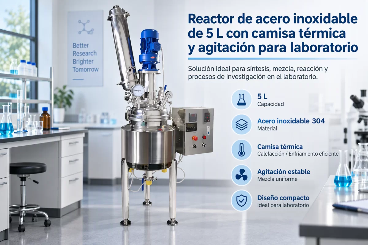 SS-5L: capacidad, circulación térmica y agitación Reactor de acero inoxidable de 5 L con camisa térmica y agitación para laboratorio