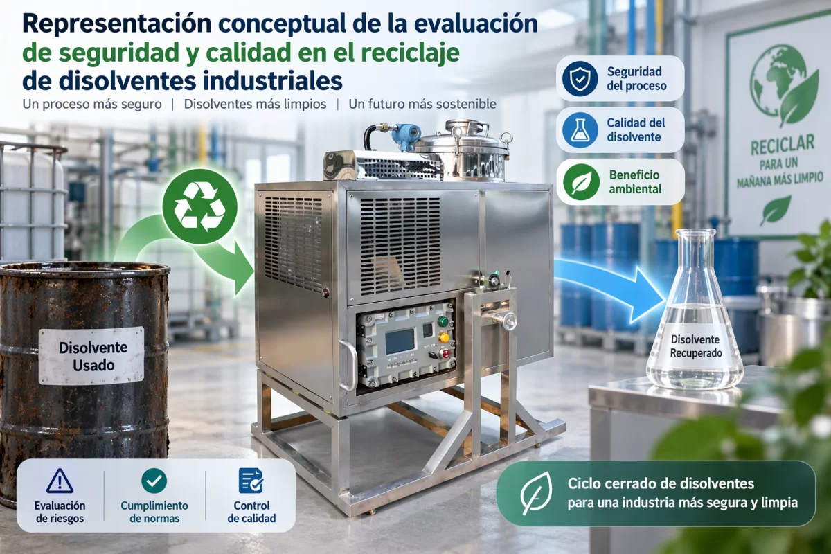 Validación del proceso antes de reutilizar el destilado Representación conceptual de la evaluación de seguridad y calidad en el reciclaje de disolventes industriales