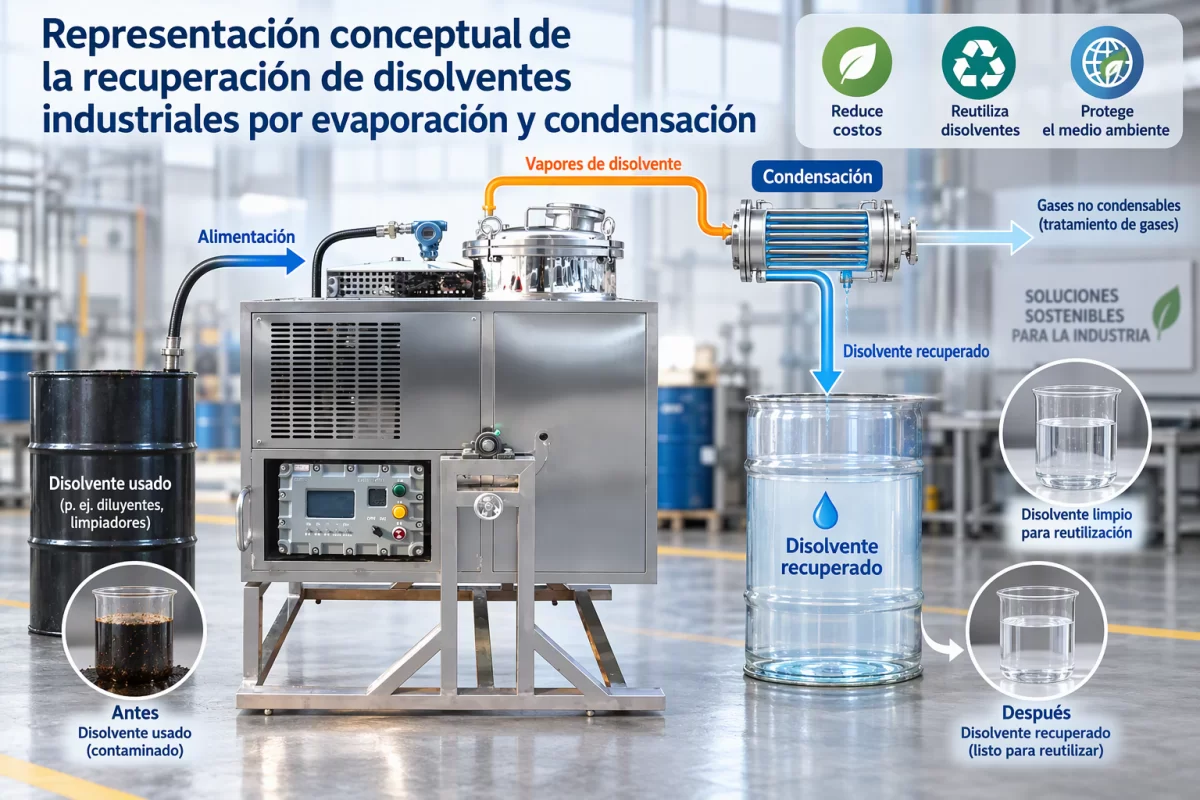 Principio de separación para recuperar disolventes usados Representación conceptual de la recuperación de disolventes industriales por evaporación y condensación