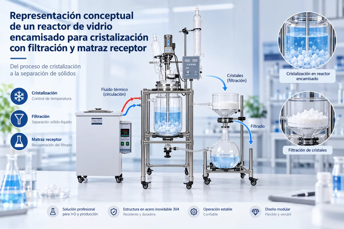 Representación conceptual de un reactor de vidrio encamisado para cristalización con filtración y matraz receptor