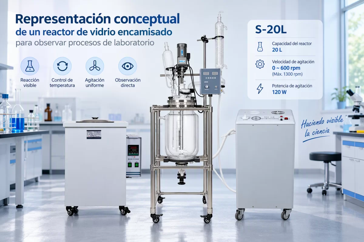 Representación conceptual de un reactor de vidrio encamisado para observar procesos de laboratorio