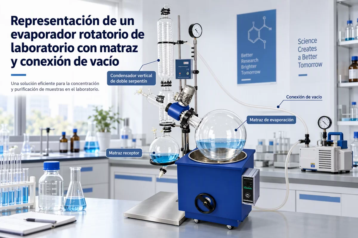 Capacidad de evaporación y recepción en rotavapores de laboratorio Representación de un evaporador rotatorio de laboratorio con matraz y conexión de vacío
