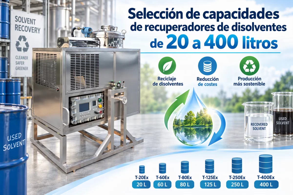 Comparación de capacidades de alimentación de la serie T-Ex Selección de capacidades de recuperadores de disolventes de 20 a 400 litros