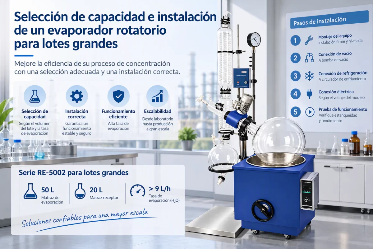 Espacio y servicios necesarios al escalar la evaporación Selección de capacidad e instalación de un evaporador rotatorio para lotes grandes