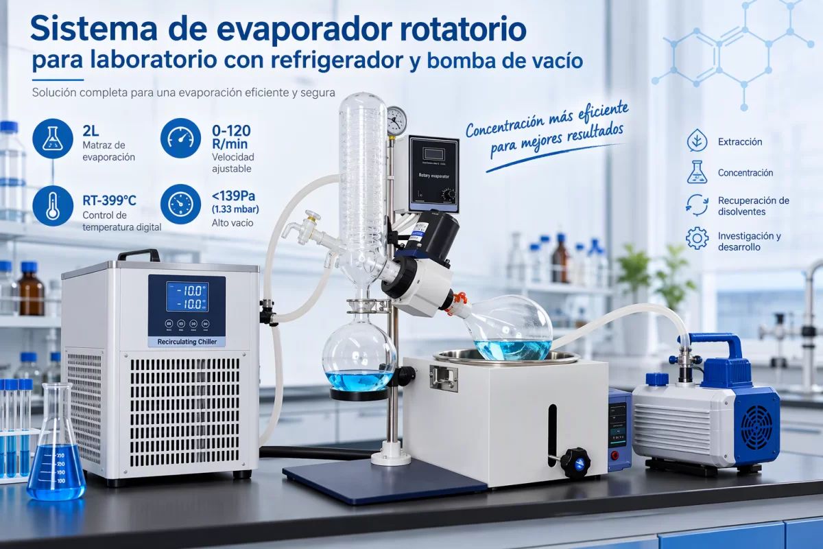 Configuración completa de evaporación rotatoria al vacío Sistema de evaporador rotatorio para laboratorio con refrigerador y bomba de vacío